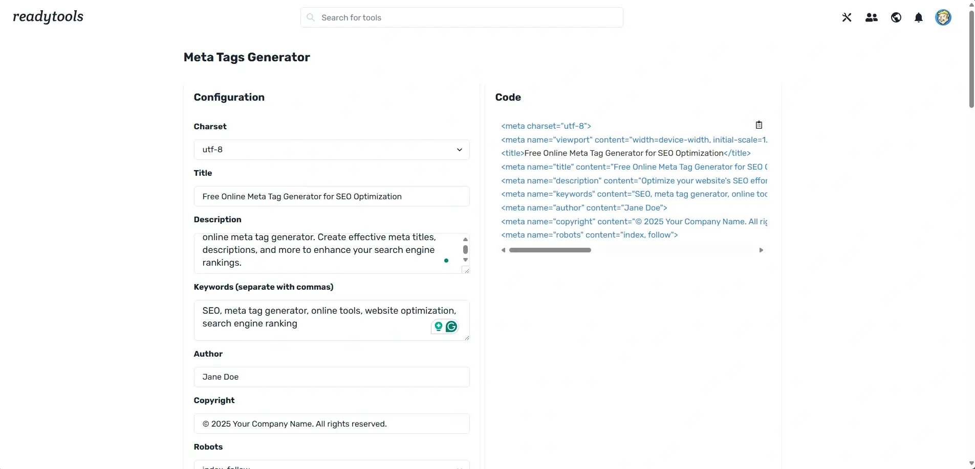 ReadyTools Meta Tags Generator
